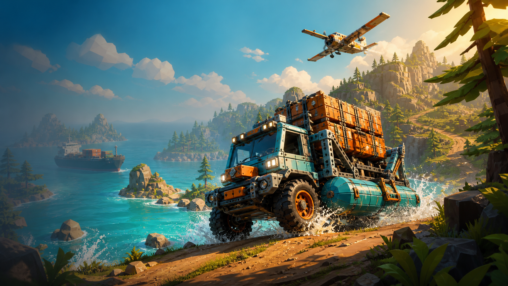 A player-built amphibious cargo truck charging out of the sea across a wild island